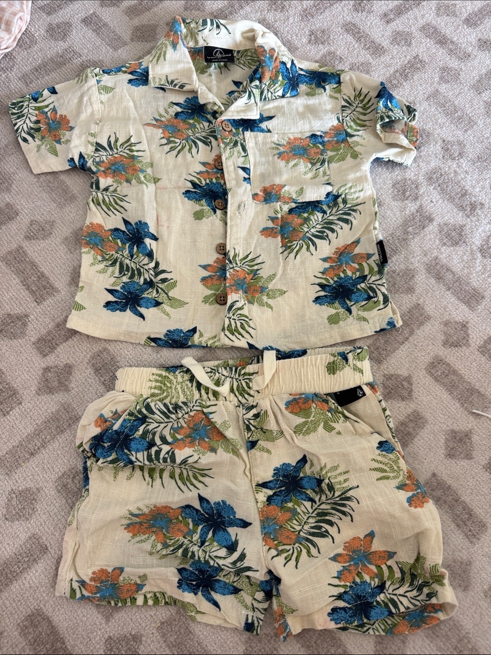 Kids Hawaiian Tropical Floral Set - Cream with Blue & Orange